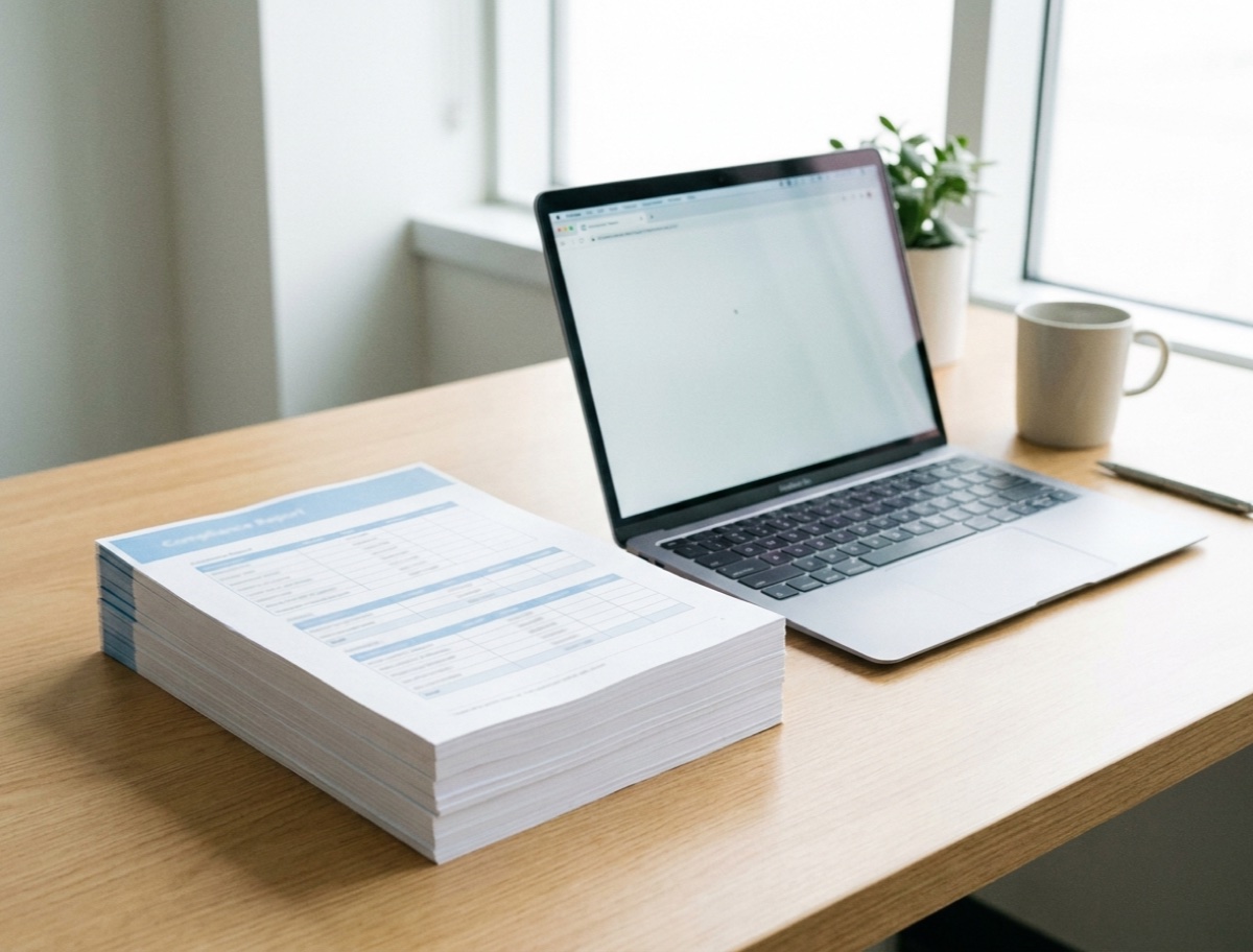 Printed compliance report pages stacked beside a laptop